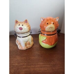 2 Boston Warehouse Ceramic Hinged "Pretty Kitty" & "Purrr-Maid" 7" Canister